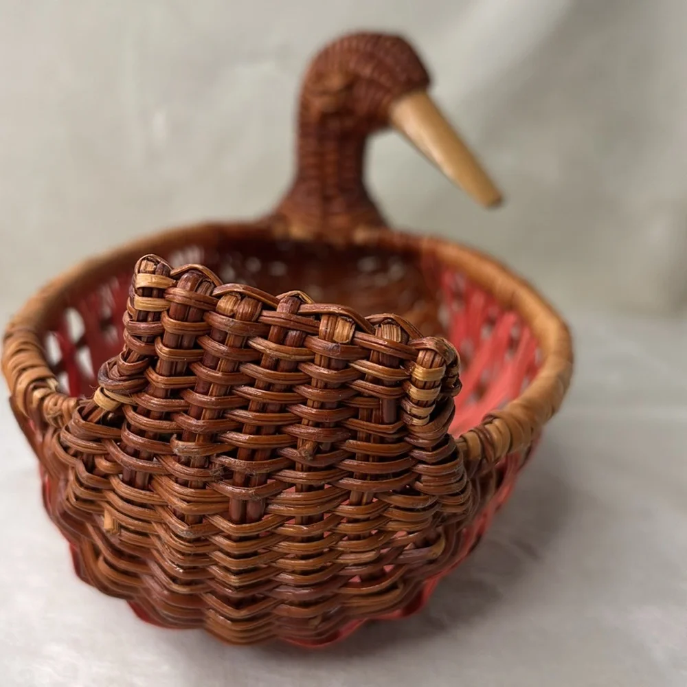 Vintage Woven Wicker Duck Basket Pink and Brown with Wood Bill Key Holder Shelf